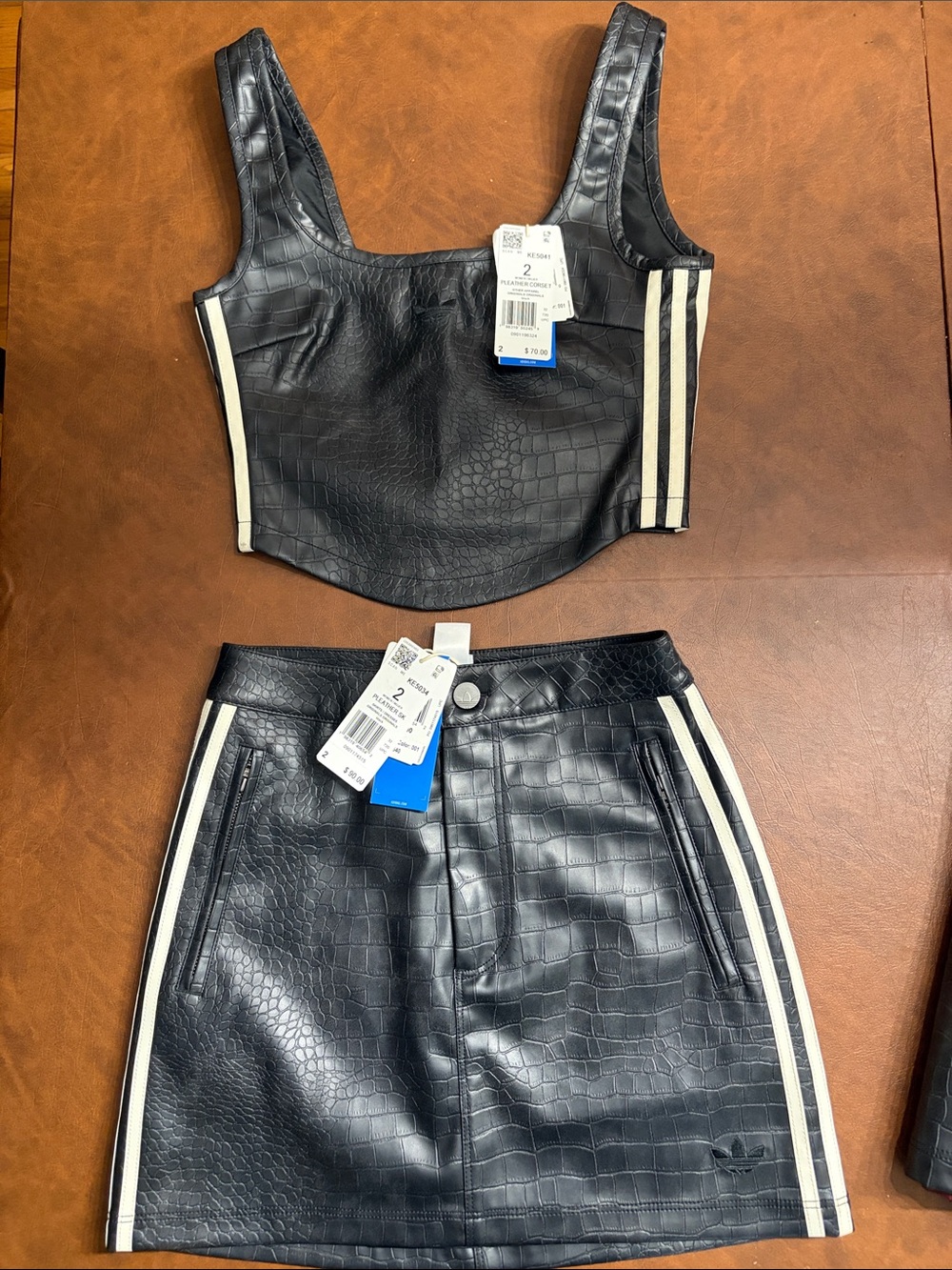 NWT ADIDAS Corset and Skirt Set in black and crème faux croc